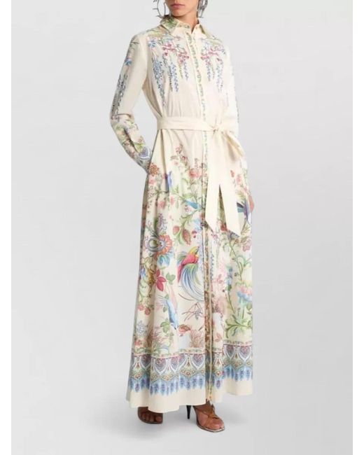 Etro White Floral Shirt Dress Long Sleeves Embroidery Belt