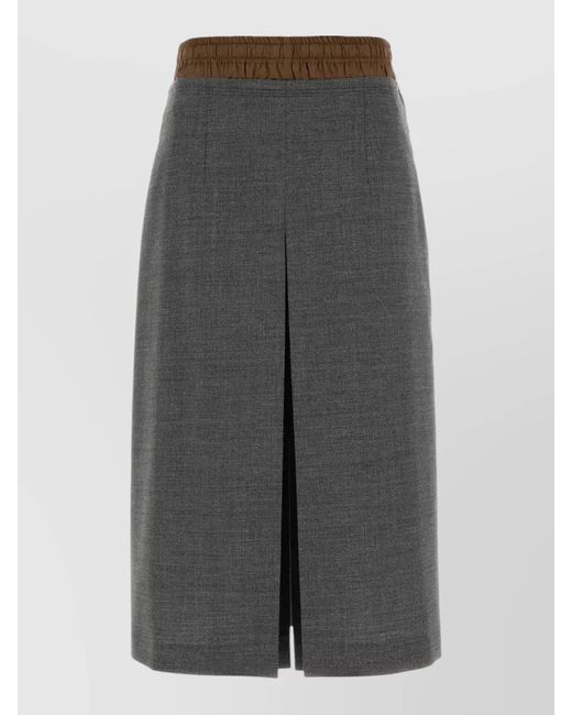 Prada Gray Virgin Wool Pleated Midi Straight Skirt