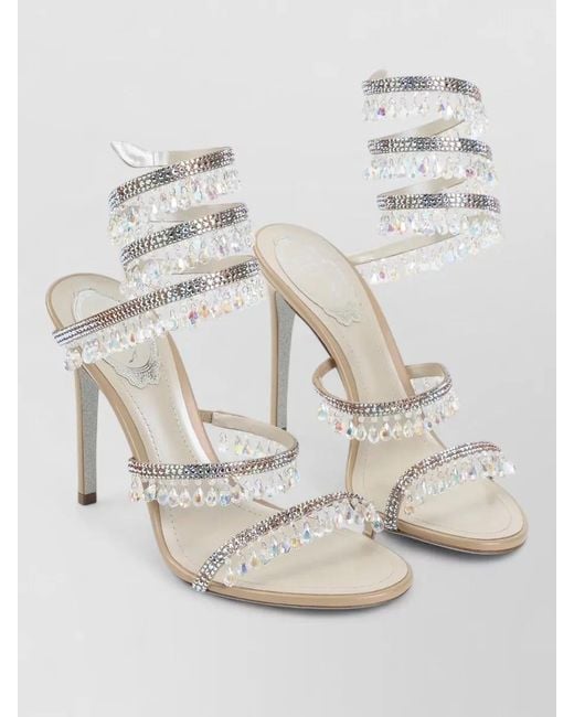 Rene Caovilla Natural Chandelier Satin High Heel Crystal Sandal