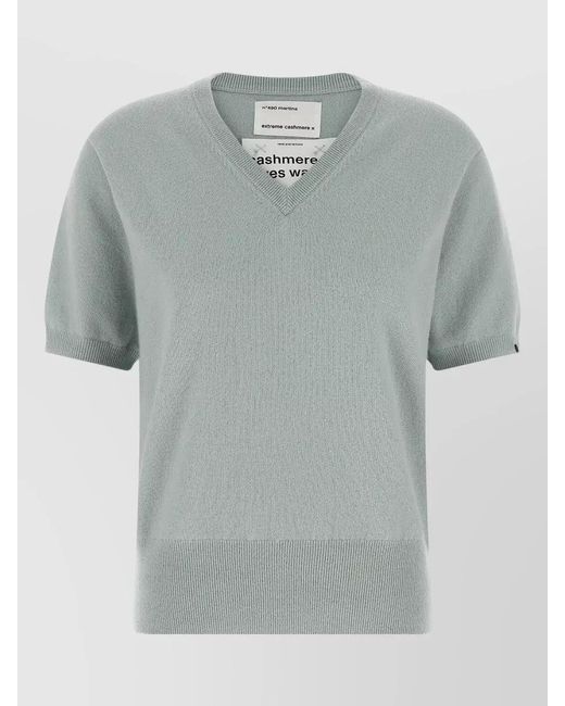Extreme Cashmere Gray Cashmere Ribbed V-Neck Short-Sleeve Sweater
