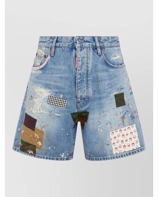 DSquared² Blue Denim Shorts Paint Splatter Patchwork Design for men