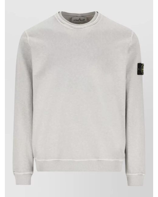 Stone Island White Logo Cotton Sweatshirt Crew Neck Ribbed for men