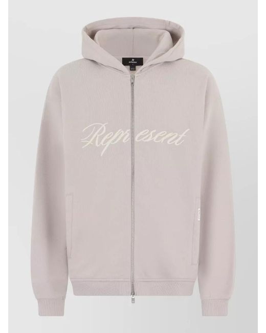 Represent White Hooded Logo Zip Cotton Sweatshirt for men