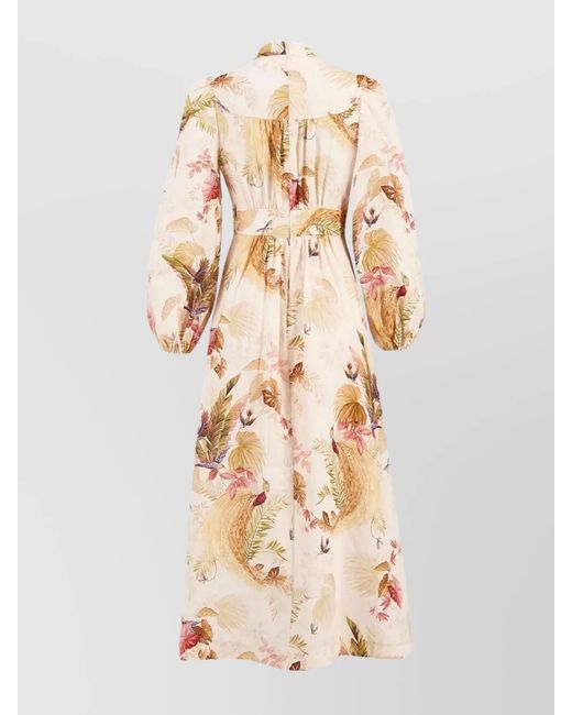Zimmermann Natural Linen Floral-Print V-Neck Long-Sleeve Midi Dress