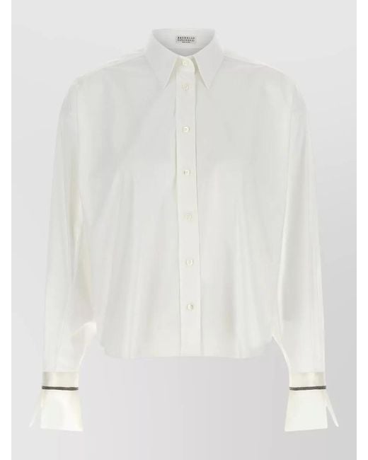 Brunello Cucinelli White Shirt Shiny Cuffs Contrasting Sheer Detail