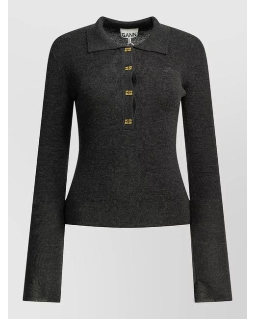 Ganni Black Logo Knit Polo Long Sleeve Sweater