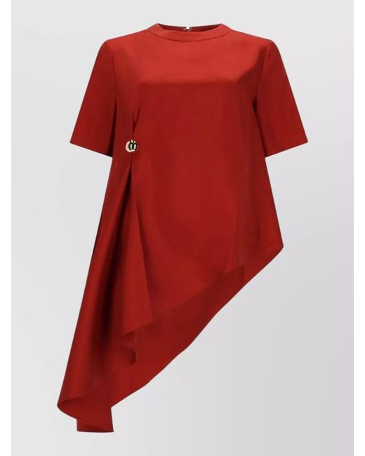 Loulou de Saison Red Dress Asymmetric Hem Decorative Button Design