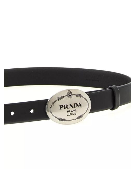 Prada Gray Oval Buckle Leather Belt Smooth Strap