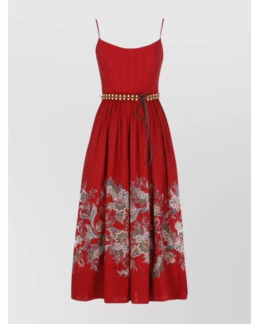 Zimmermann Red Cotton Floral Print Corset Midi Dress