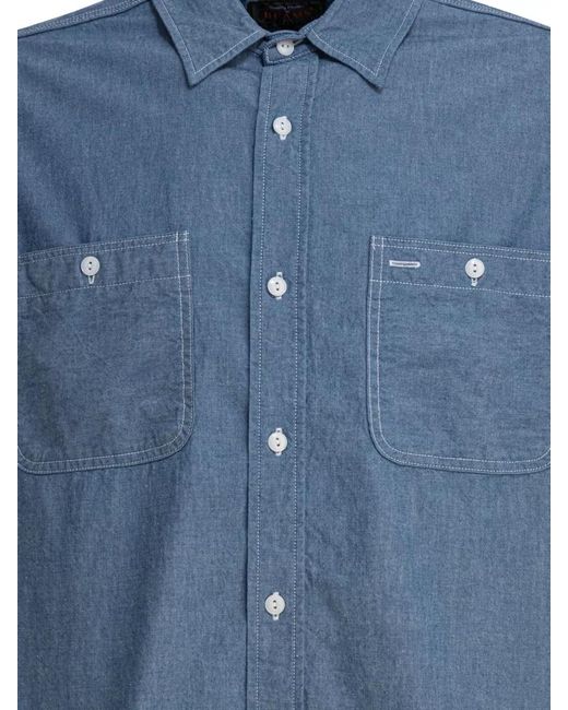 Beams Plus Blue Chambray Shirt Button Down Collar Pockets for men