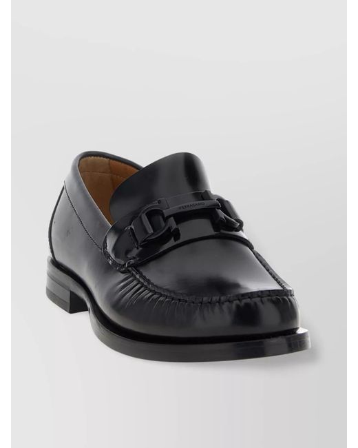 Ferragamo Black Stitched Moc Round Loafers for men
