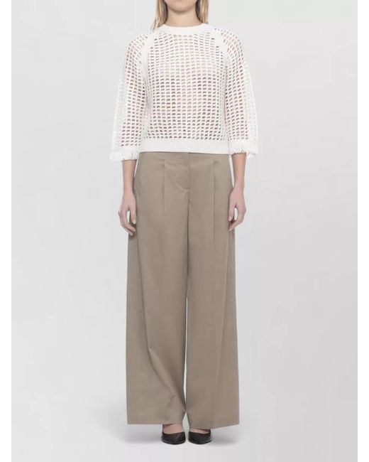 Peserico White Cotton Crewneck Sweater Sequins Perforated Knit