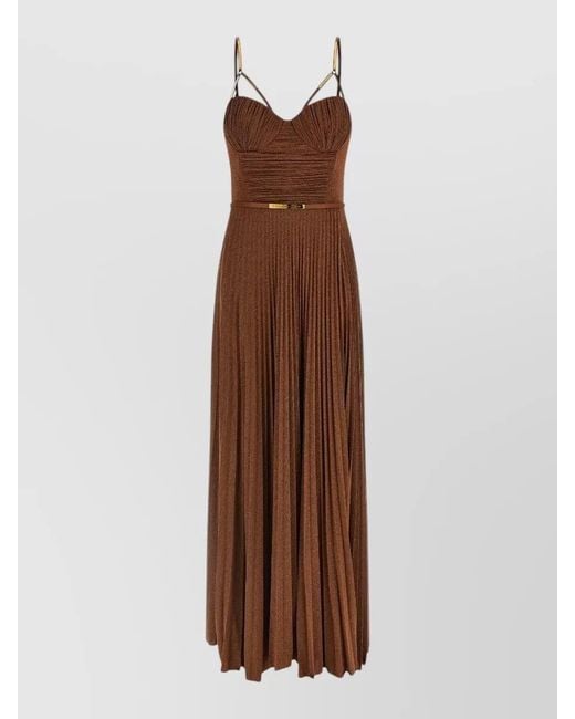Elisabetta Franchi Brown Laminated Bustier Pleated Maxi Dress