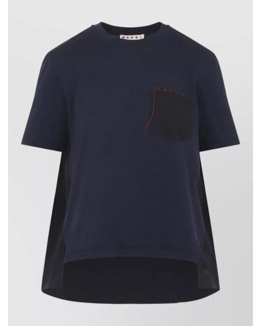 Marni Blue Cotton Asymmetric Logo-Patch T-Shirt