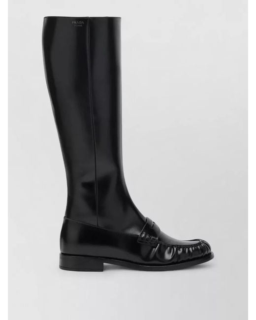 Prada Black Knee High Boots Round Toe Smooth Finish