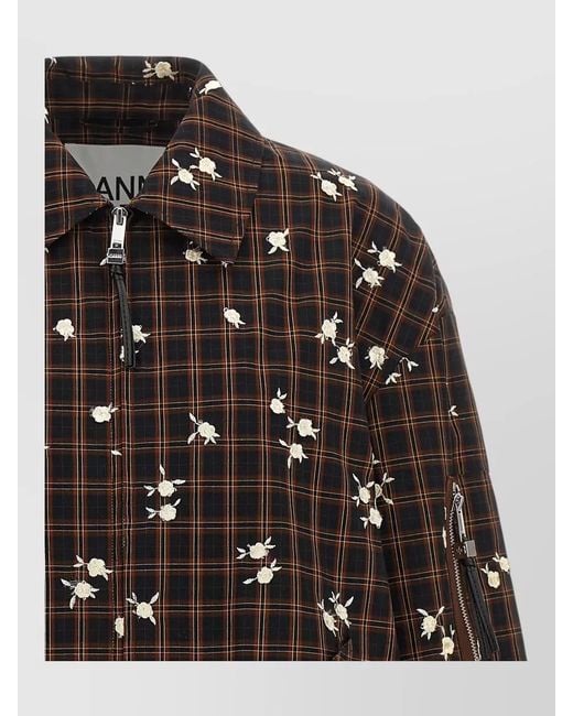 Ganni Black Check Flower Bomber Jacket Collared Hem