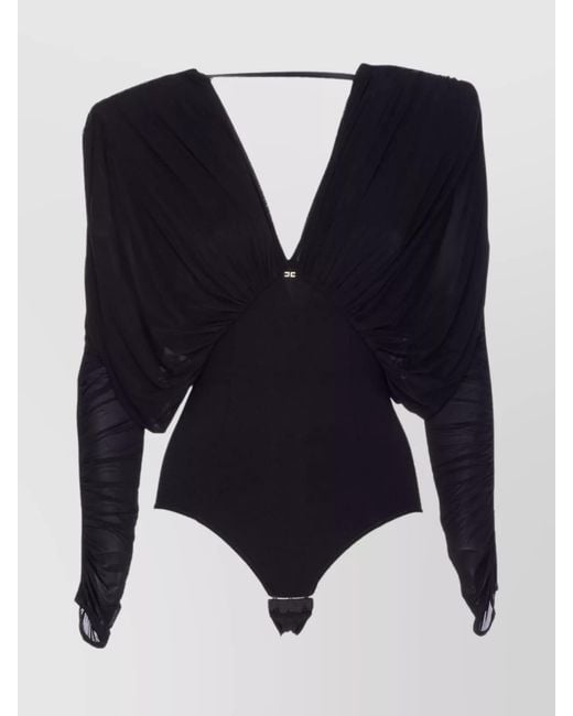 Elisabetta Franchi Blue Draped V Neck Sheer Fabric Top