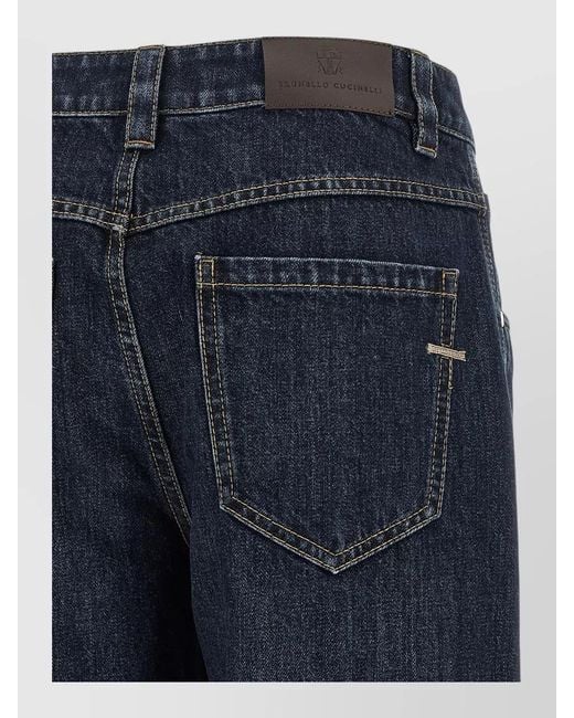 Brunello Cucinelli Blue Shiny Stitching Mid Waist Straight Leg Jeans
