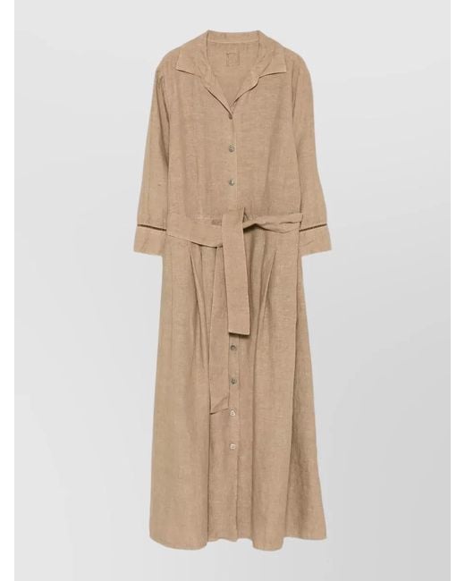 120% Lino Natural Linen Dress Belted Waist Pleated Design