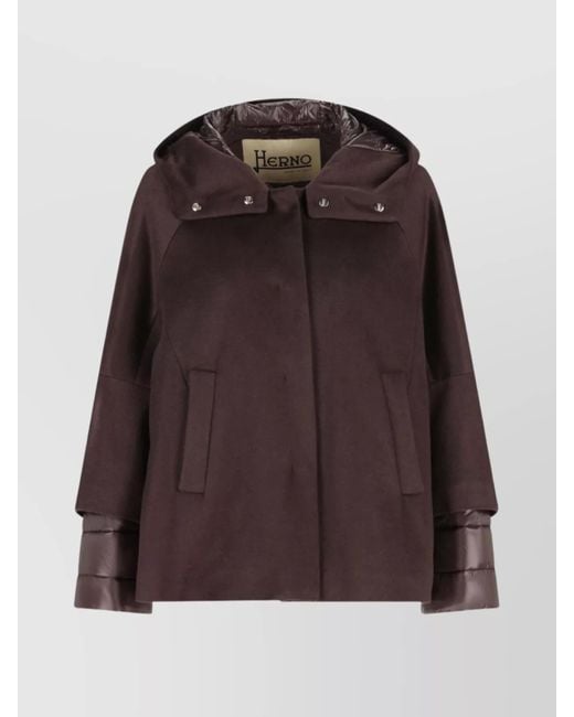 Herno Brown Hooded Cape With Front Pockets And Padded Cuffs for men
