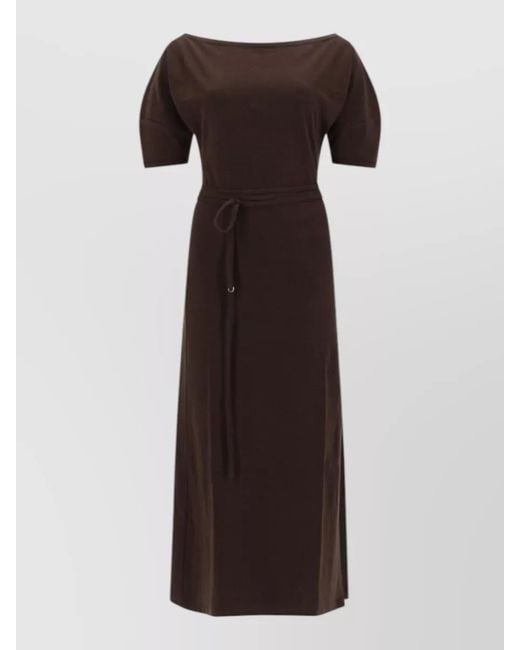 Lemaire Brown Cotton And Linen Fitted Boat Neck Short Sleeve Belted Midi Dress