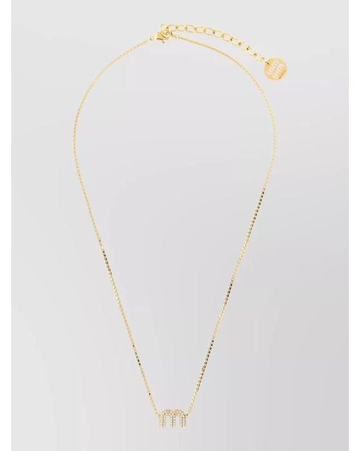 Miu Miu White Logo Pendant Metal Necklace Adjustable Chain