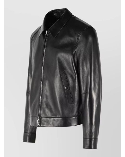 Tom Ford Black Leather Jacket Buttoned Cuffs Collared Front Pockets for men