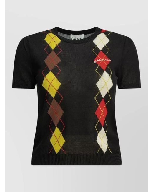 Ganni Black Argyle Knit Crewneck Short Sleeve Sweater
