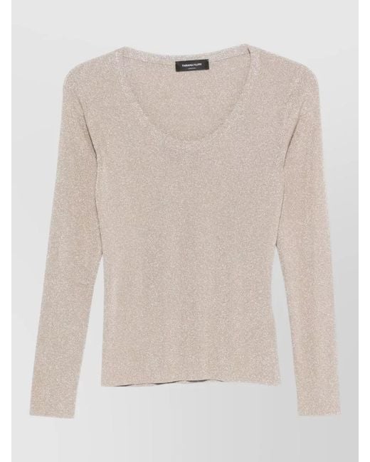 Fabiana Filippi Natural Fine-Ribbed Long-Sleeve Crewneck Knitted Top