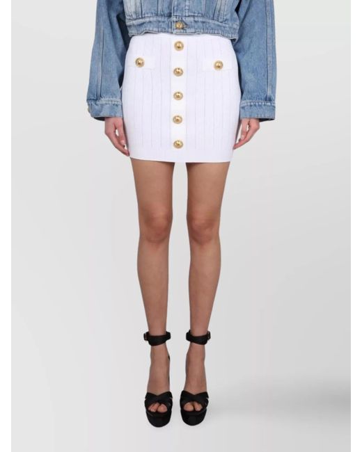 Balmain Blue High-Waisted Ribbed Mini Skirt With Buttons