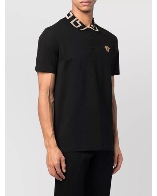 Versace Black Cotton Piqué Short-Sleeve Polo Shirt for men