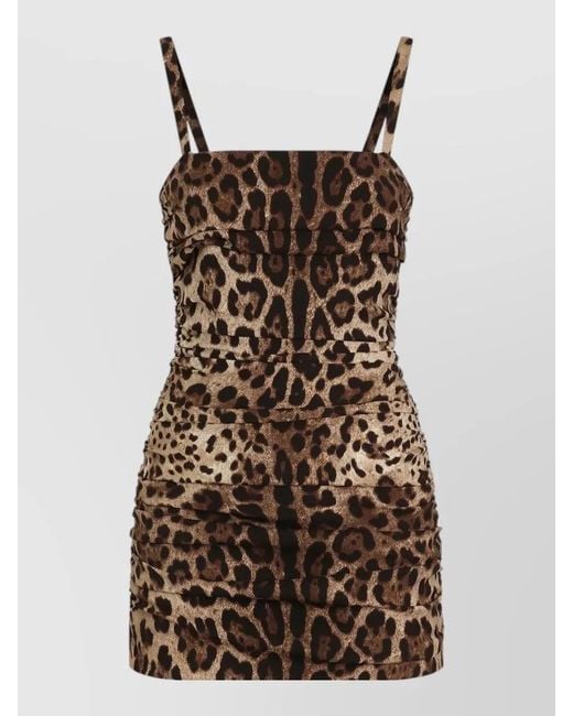 Dolce & Gabbana Brown Charmeuse Dress Leopard Print Draped Neckline