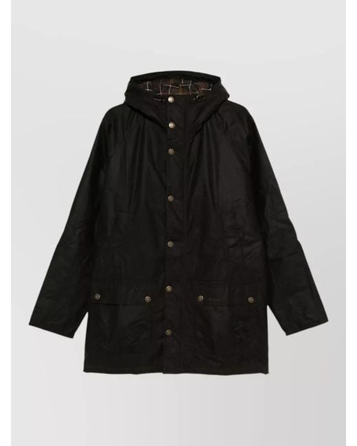Barbour Black Hooded Waxed Coat Long Length Drawstring for men