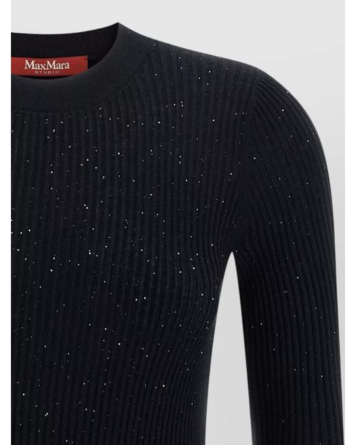 Max Mara Black Silk Wool Ribbed Crew Neck Long Sleeve Sweater