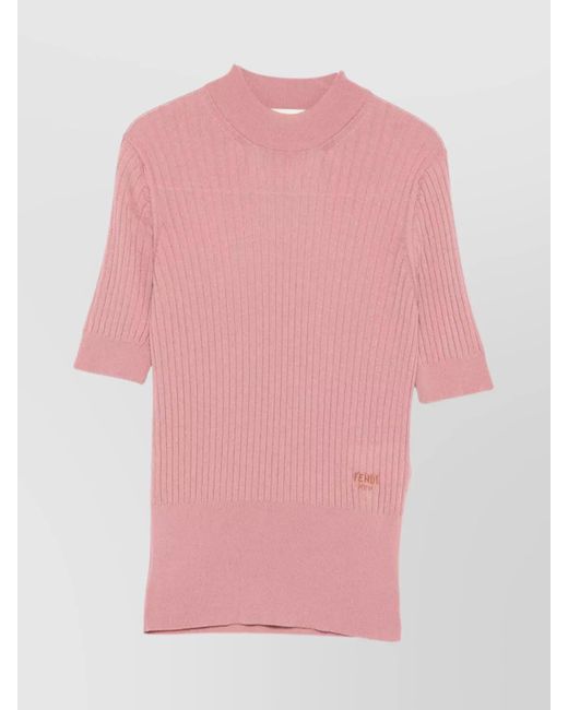 Fendi Pink Knit Pullover With Crew Neck And Ribbed Texture