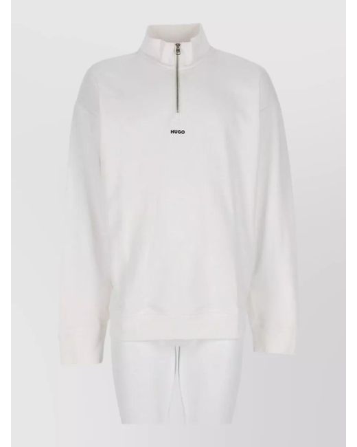HUGO White Relaxed Fit T Shirt High Collar Long Sleeves for men