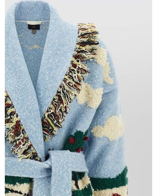 Alanui Blue Wool Jacquard Belted Fringed Cardigan