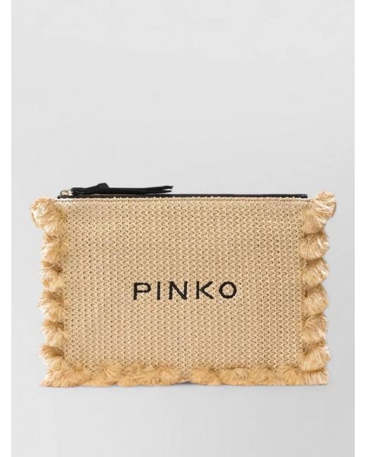 Pinko Natural Clutch Bag Fringe Trim Silk Nylon Blend