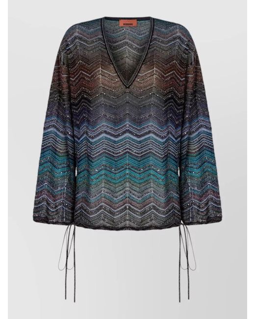 Missoni Women's Blue V Neck Knit Blouse Long Sleeves Chevron