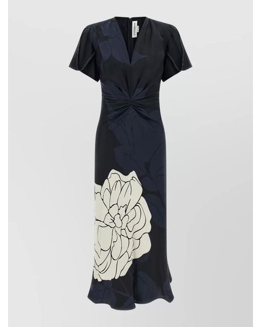 Victoria Beckham Blue V Neck Midi Dress Ruched Floral