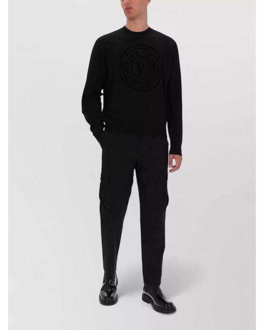 Versace Jeans Couture Black Knit Top Crew Neck V Emblem for men