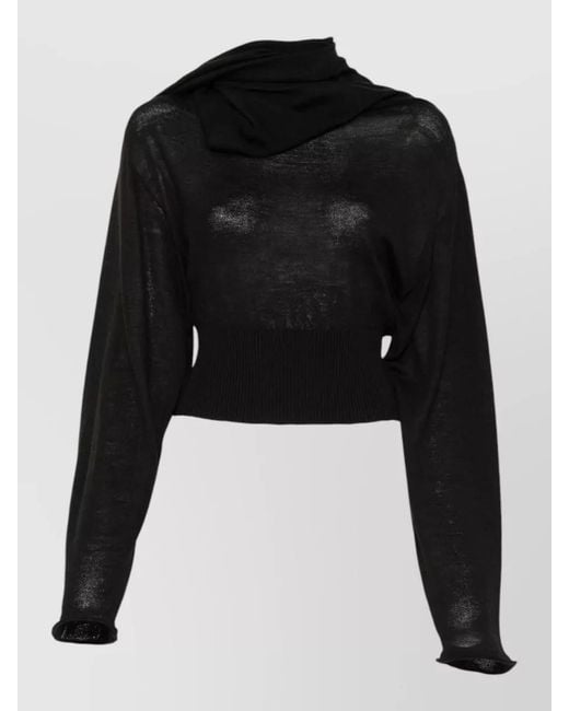 Rick Owens Black Hooded Scarf Knit Top Cropped Silhouette