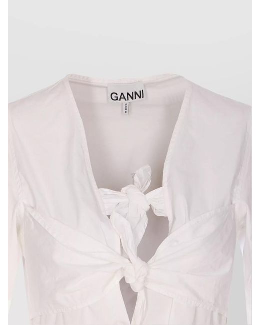 Ganni White Organic Cotton V-Neck Short-Sleeve Tie-Front Blouse