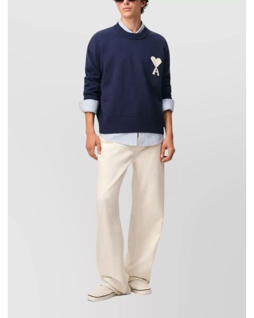 AMI Blue Wool-Blend Crew-Neck Jumper for men