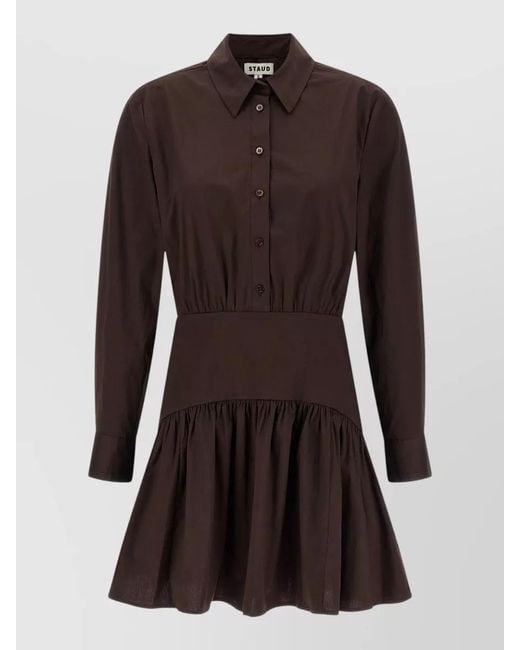 Staud Brown Rocco Dress Cuffed Sleeves Gathered Skirt Waistband
