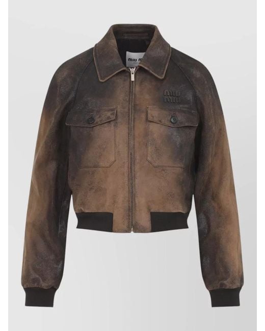 Miu Miu Brown Lamb Leather Bomber Jacket
