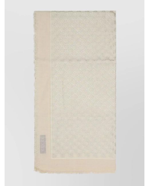 Gucci Natural Lightweight Monogram Wool Scarf With Fringed Hem
