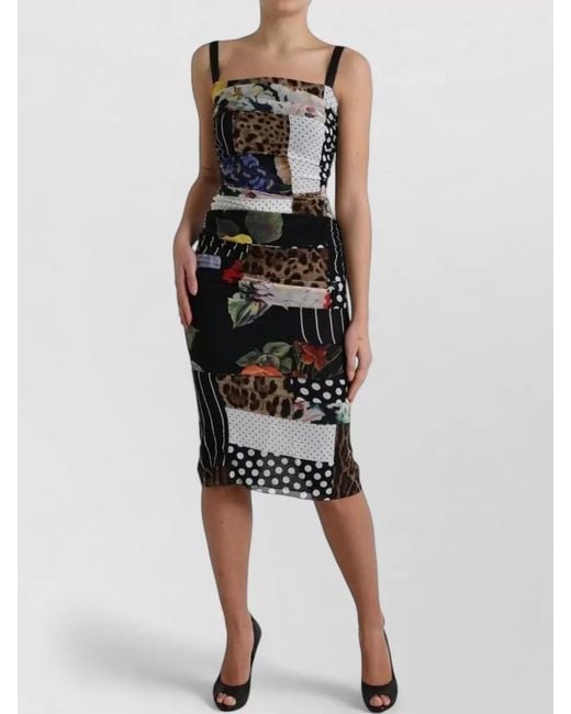Dolce & Gabbana Black Patchwork Midi Dress Floral Leopard Print