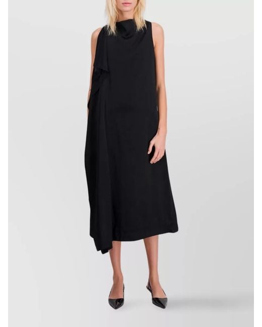 Atlein Black Satin Pleated Midi Dress