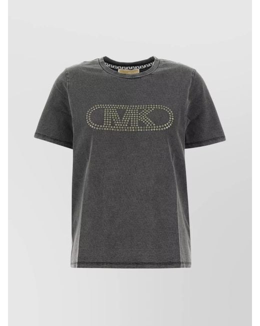 Michael Kors Gray Ribbed Texture Round Neck Short Sleeves Top
